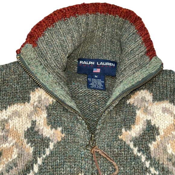 Polo Ralph Lauren green cream SKI intarsia knit zip up navajo sweater M - Picture 2 of 6